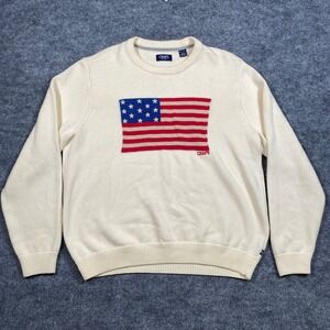 Chaps Mens XXL Cream American Flag Intarsia Knit Crewneck Sweater Patriotic USA